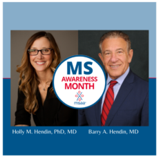 Picture of two headshots: one of Dr. Holly Hendin a woman in glasses, one of Dr. Barry Hendin a man in a blue suit and red tie; they are presenters of a webinar entitled Elevating Your Well-Being: A Conversation about Multiple Sclerosis and Mental Health