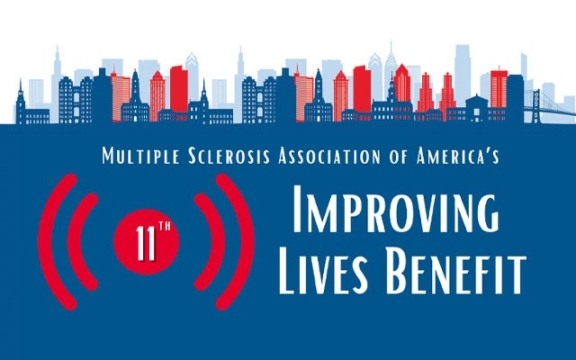 Picture of the Philadelphia cityscape skyline above a logo for the Multiple Sclerosis Association of America's 11th Improving Lives Benefit special event